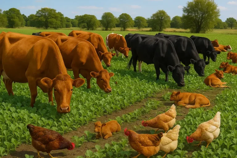 Regenerative cows and calfs grazing forage crops, chickens scratching for insects